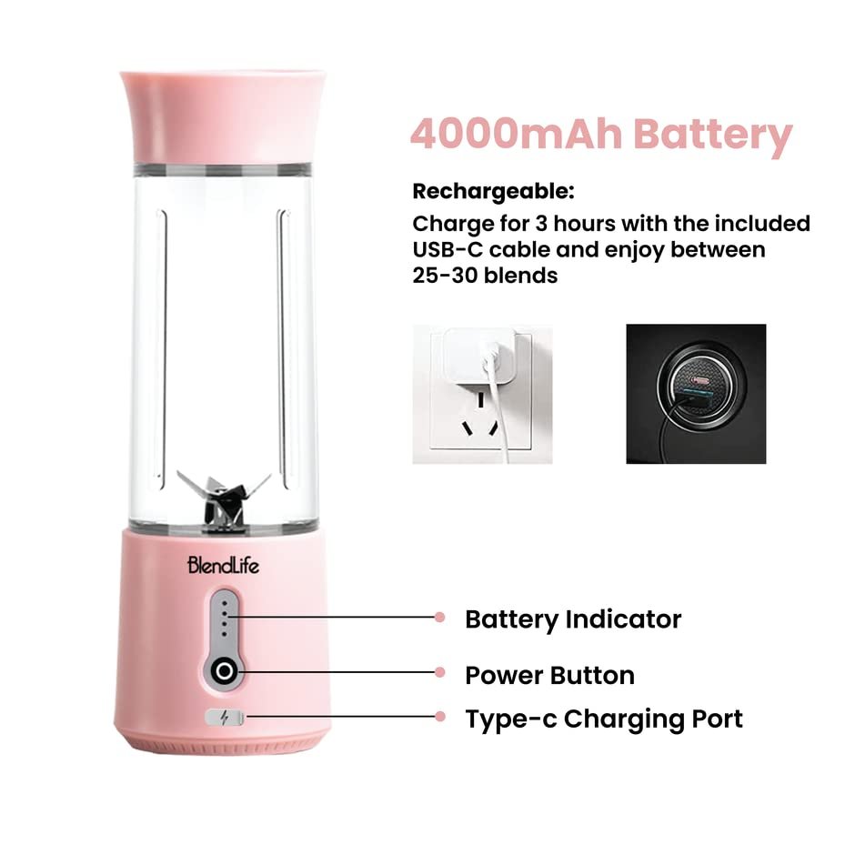 Plus Portable Blender For Juices, Shakes, Smoothies, Baby Food & More | 230W | 4000mAh Rechargeable Battery | Crushes Ice, Carrots, Beetroot, Dry Fruits | USB-C Protected Charging Port | 500ml Capacity Inbuilt Jar - Pink - Image 2
