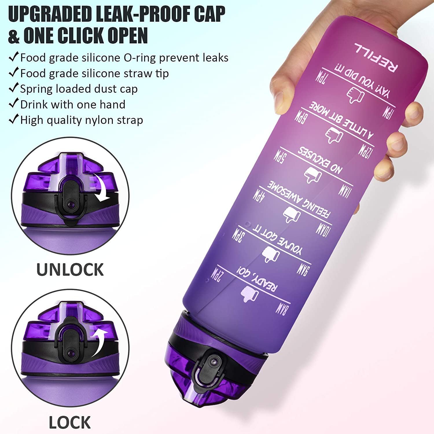 Motivational Water Bottle - 1 litre, Drinking Water Bottle With Time Marker For Gym Workout Cycling Sports Men Women Reusable Airtight Water Bottle With Straw Lid Cap (1ps/ Multicolour) - Image 2